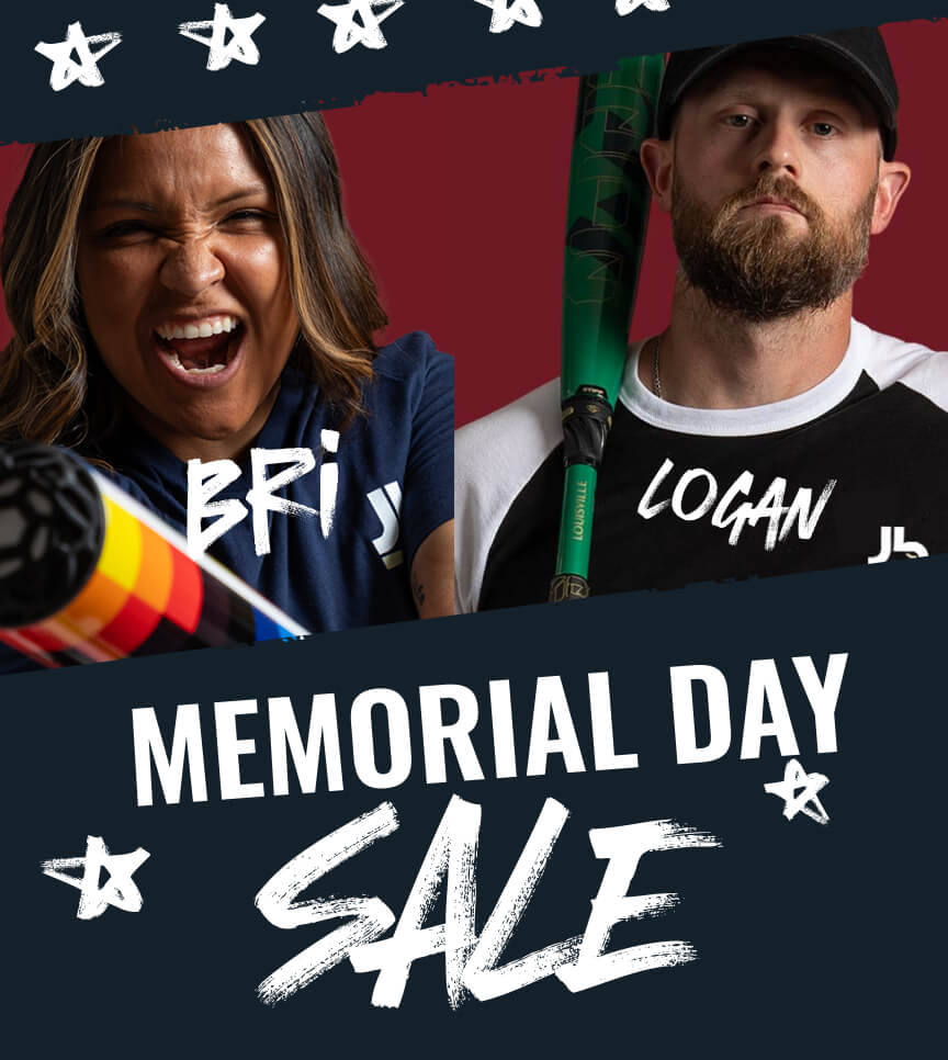 Two of our Bat Experts, Bri and Logan, hold bats and look excited about Memorial Day sales